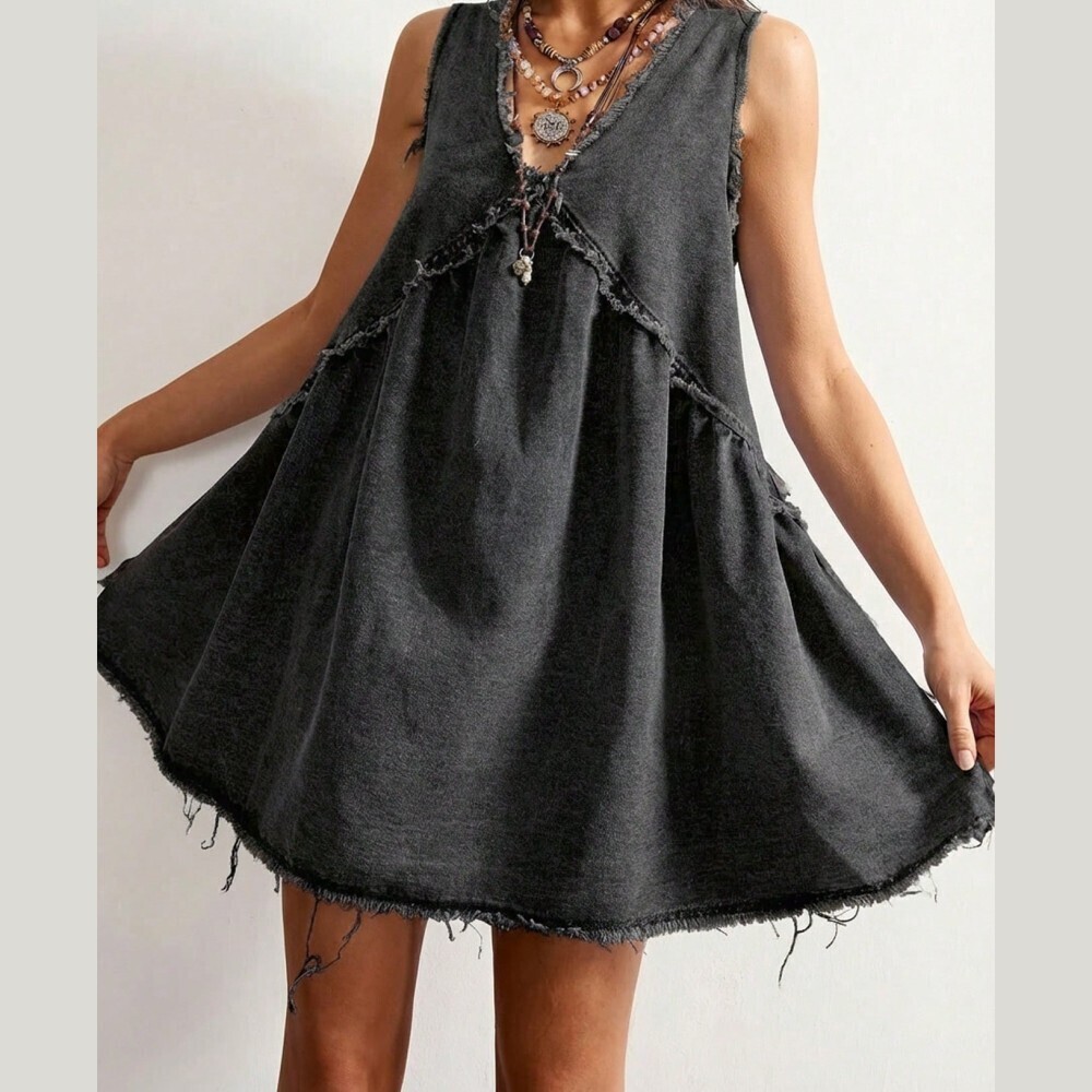 Charcoal Denim Mini Dress with Distressed Edges - Picture 7 of 7
